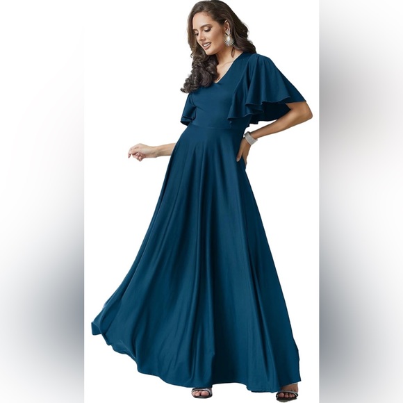 NWT Marine blue silky flutter-sleeve maxi—elegant, evening, bridesmaid, cocktail - Picture 2 of 5